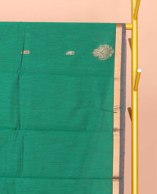 Green Semi-Silk Cotton Saree, Featuring Zari Buttas All Over Its Body, Complemented by a Contrast Piping Border, Grand Pallu of Zari Butta Enclosed Checked Design, and Paired with a Contrast Blouse