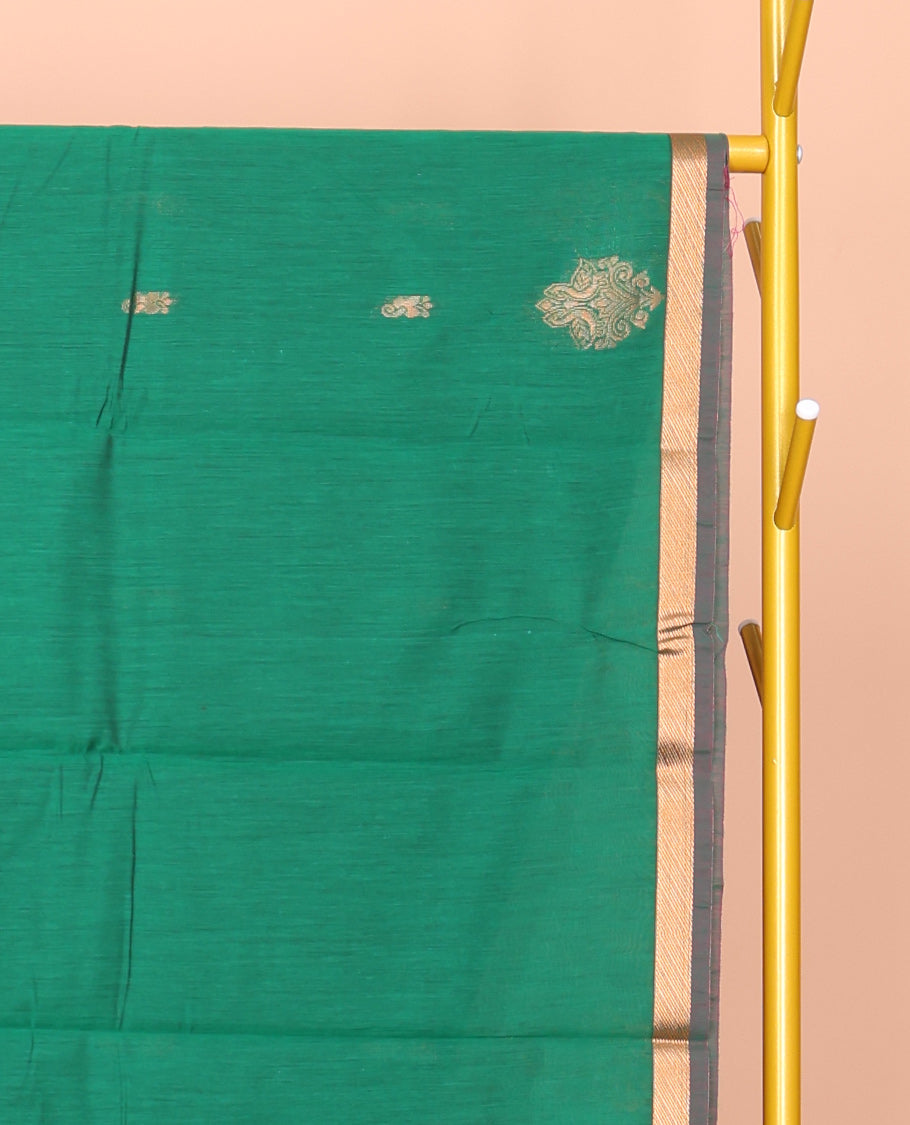 Green Semi-Silk Cotton Saree, Featuring Zari Buttas All Over Its Body, Complemented by a Contrast Piping Border, Grand Pallu of Zari Butta Enclosed Checked Design, and Paired with a Contrast Blouse