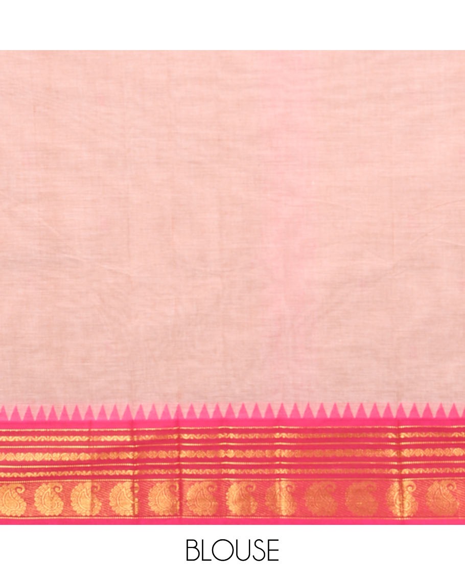 Pale Pink Color Chettinad Cotton Saree Subtly Woven with Thread Buttas on Its Body, Complemented by a Contrast Temple Traditional Border of Paisleys, Subtly Striped Pallu, and Paired with a Matching Blouse