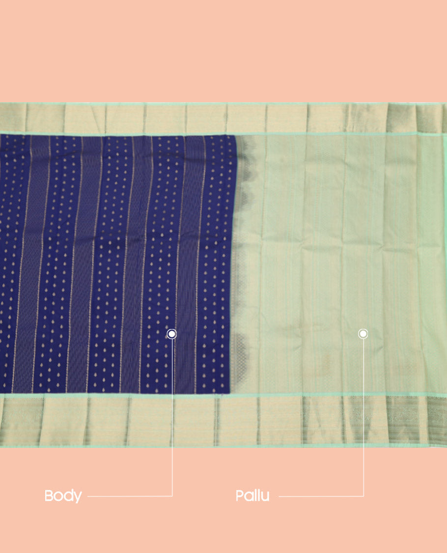 Blue Budget Silk Saree, Adorned with Zari Designs, Complemented by a Contrast Traditional Zari Border, Grand Pallu, and a Contrast Blouse