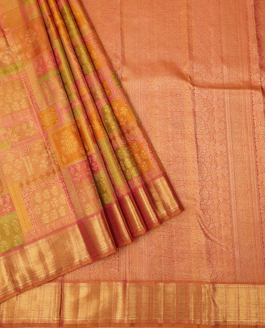 Multi-color meenakari Mughal-style jacquard silk saree, zari border of banaras,rudraksham & vanki design & intricate pallu