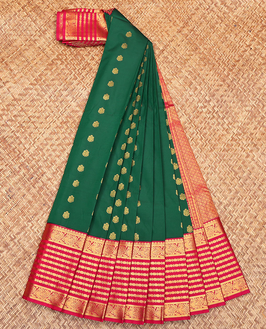Green Budget Silk Saree, Enlivened with Zari Buttas All Over Its Body, Complemented by Contrast Traditional Zari Design Border, Jaal-Patterned Pallu, and Paired with a Contrast Blouse