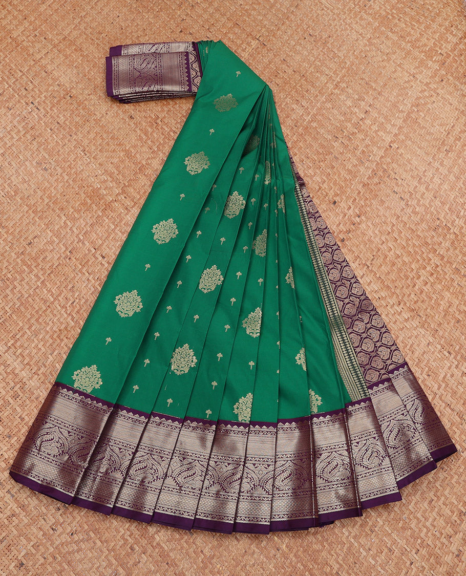 Green Budget Silk Saree, Elevated with Zari Buttas, Complemented by a Contrast Traditional Zari Border, Jaal Pallu, and a Contrast Blouse