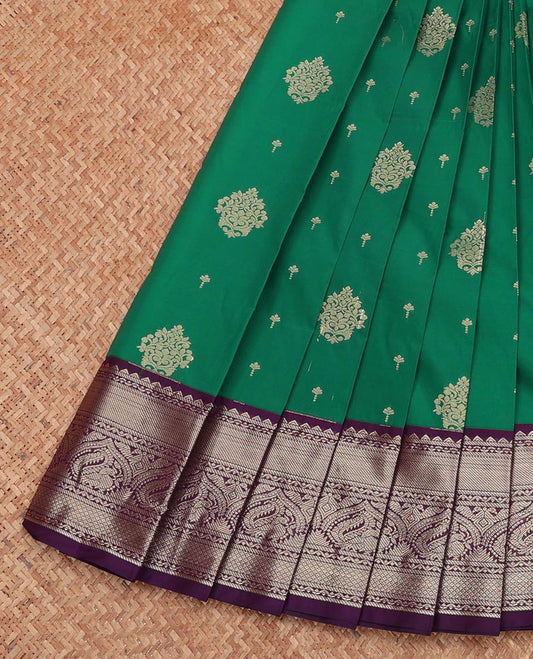 Green Budget Silk Saree, Elevated with Zari Buttas, Complemented by a Contrast Traditional Zari Border, Jaal Pallu, and a Contrast Blouse