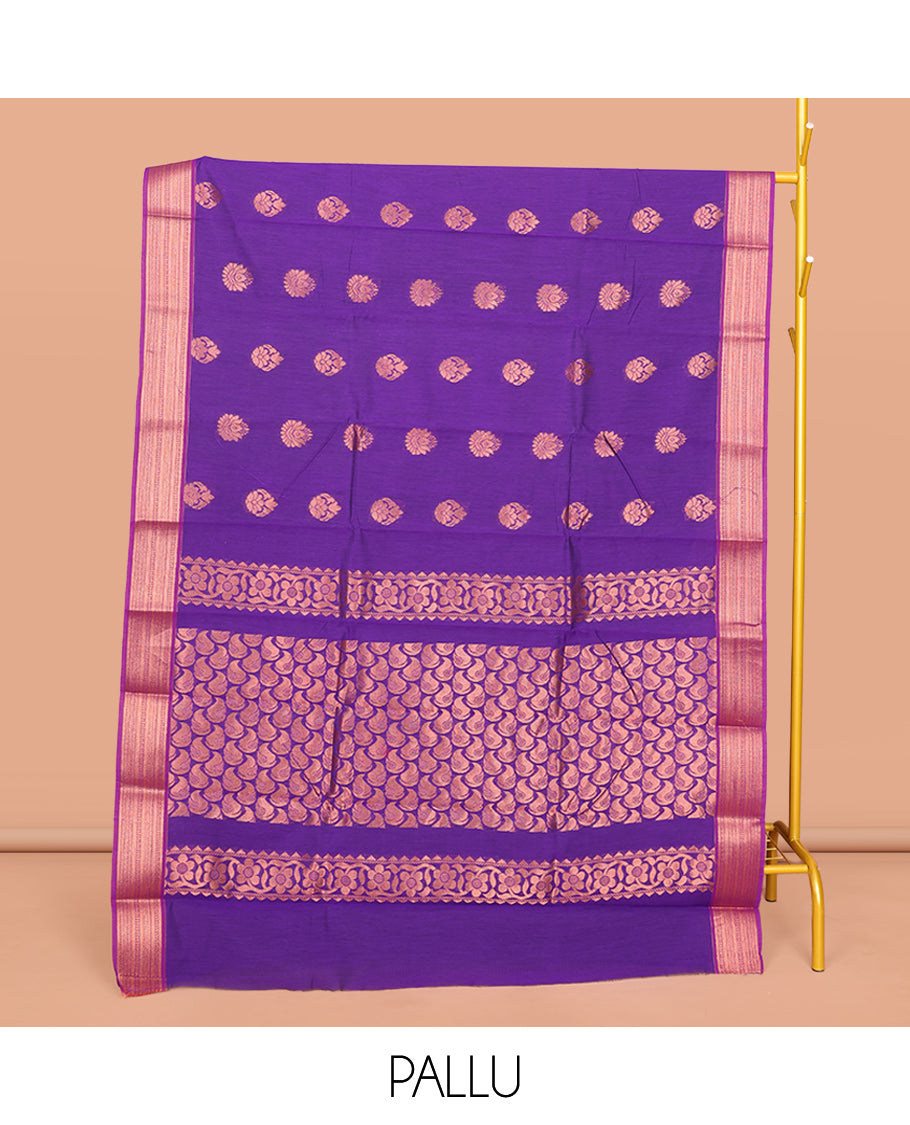 Violet Semi-Silk Cotton Saree, Detailed with Zari Buttas All Over Its Body, Complemented by a Contrast Traditional Zari Border, Pallu Steeped with Paisley Designs, and Paired with a Matching Blouse
