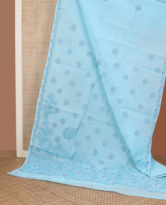 Baby blue flower butta thread embroidered Lucknowi chikankari saree, leaf vine border, & floral vine embroidered pallu