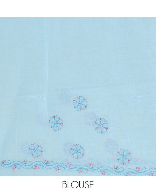 Baby blue flower butta thread embroidered Lucknowi chikankari saree, leaf vine border, & floral vine embroidered pallu