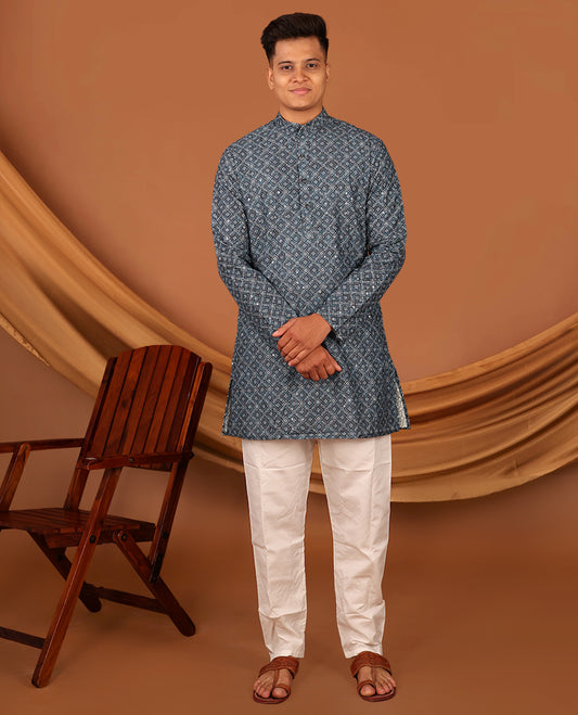 Blue Intricately Printed and Sequins Work Full-Sleeved Men's Kurta