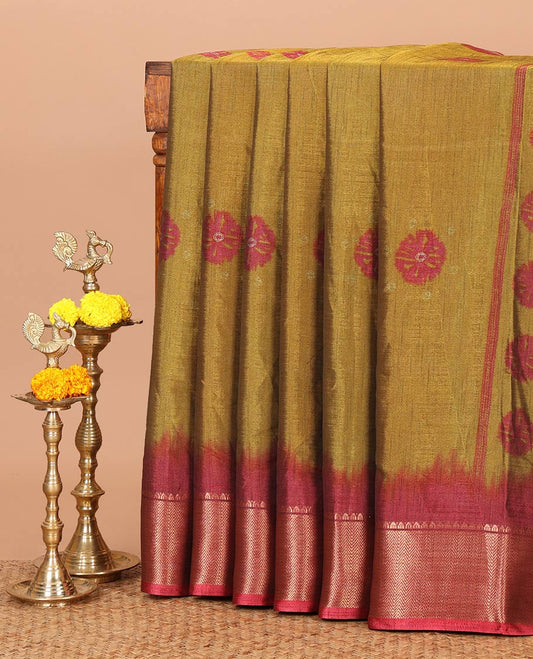 Mehendi green bandhani butta printed dola silksaree,contrast traditional zari border,bandhani printed pallu & butta printed blouse