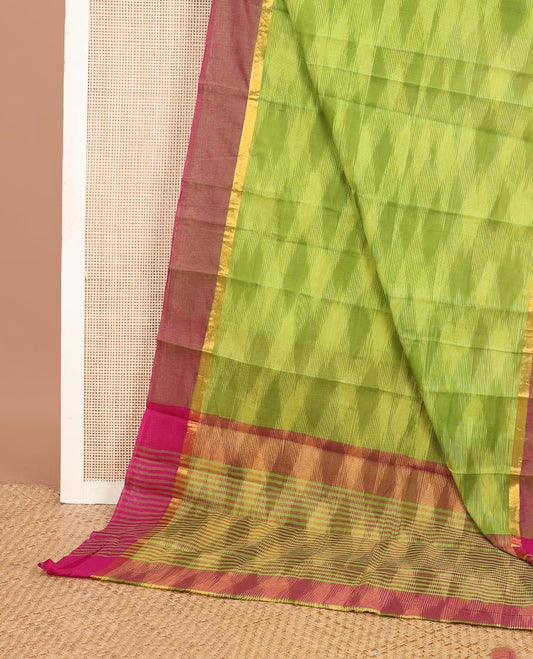 Parrot Green geometric patterned chirala cotton saree, contrast zari striped border & striped pallu