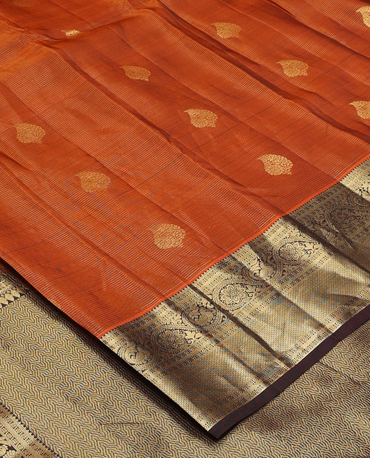 Orange zari design Vasundhara silk mix, contrast border of rekku, kamalam, kodi mayil, and jaal designs, and geometric pallu