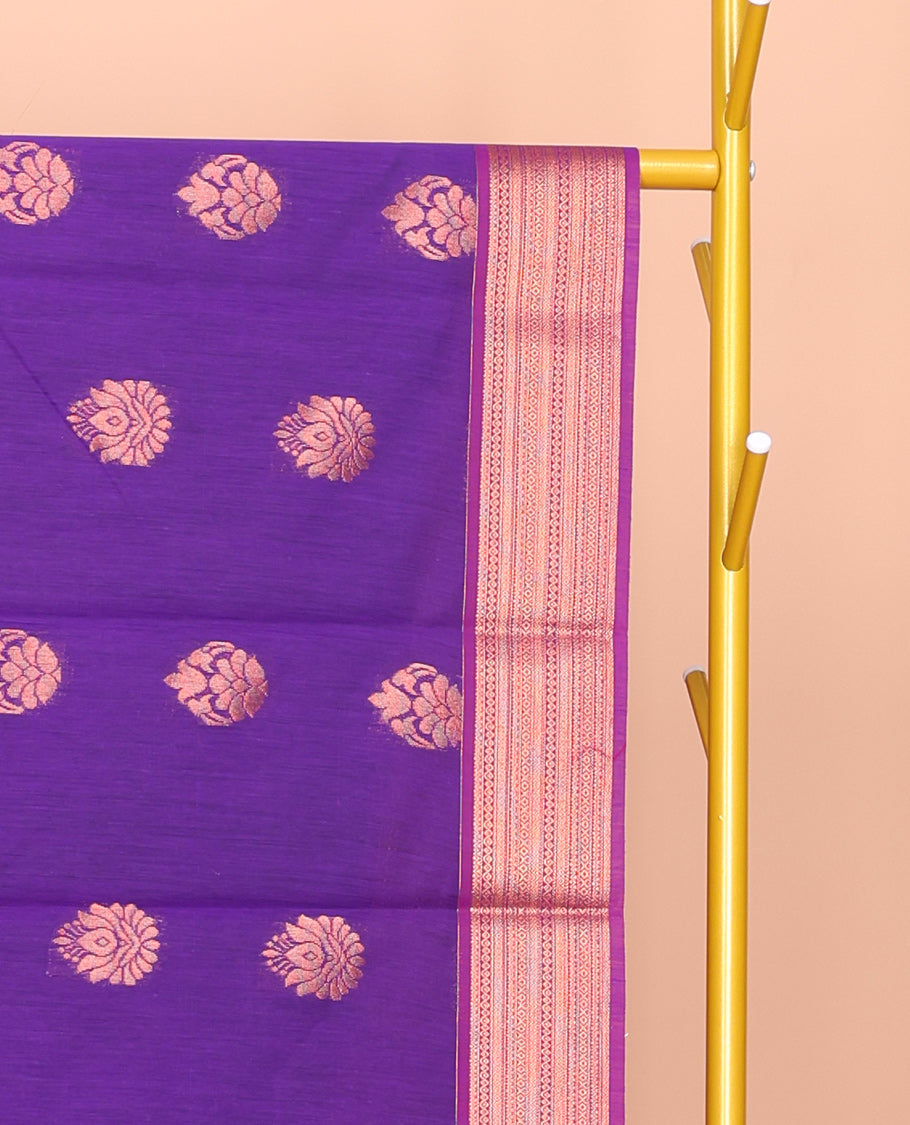 Violet Semi-Silk Cotton Saree, Detailed with Zari Buttas All Over Its Body, Complemented by a Contrast Traditional Zari Border, Pallu Steeped with Paisley Designs, and Paired with a Matching Blouse