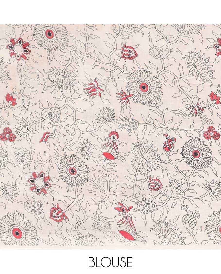 Green village-theme machine-printed kalamkari cotton saree, contrast border & pallu of Pichwai cows & God Krishna