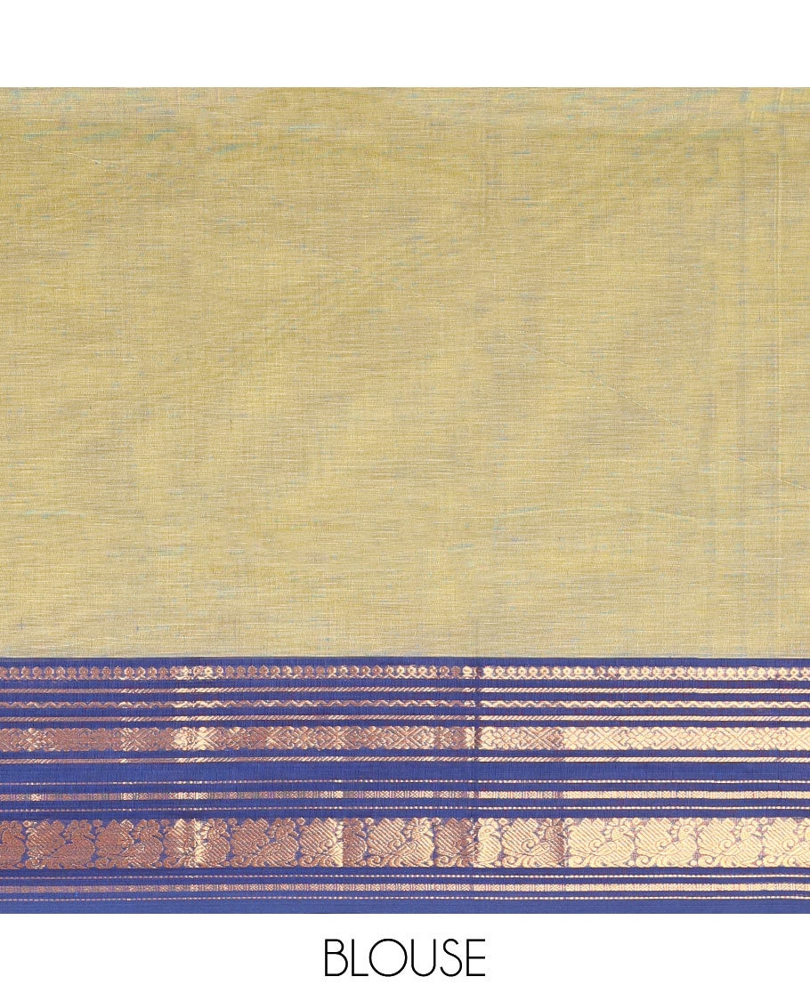 Green Chettinad Cotton Saree Prettified with Thread Buttas All Over Its Body, Complemented by Contrast Ganga-Jamuna Border of Traditional Zari Designs, Pallu of Subtle Stripes and Buttas, and Paired with a Matching Blouse