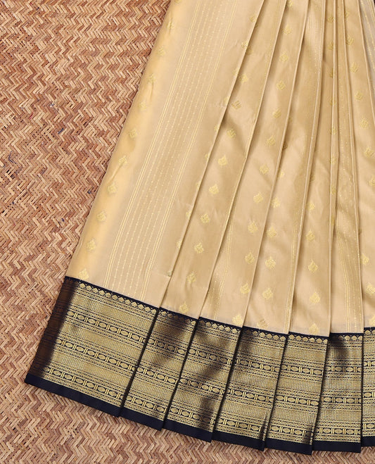 Beige Budget Silk Saree, Sparsely Woven with Zari Buttas All Over Its Body, Complemented by Contrast Traditional Zari Design Border, Geometric-Patterned Pallu, and Paired with a Contrast Blouse