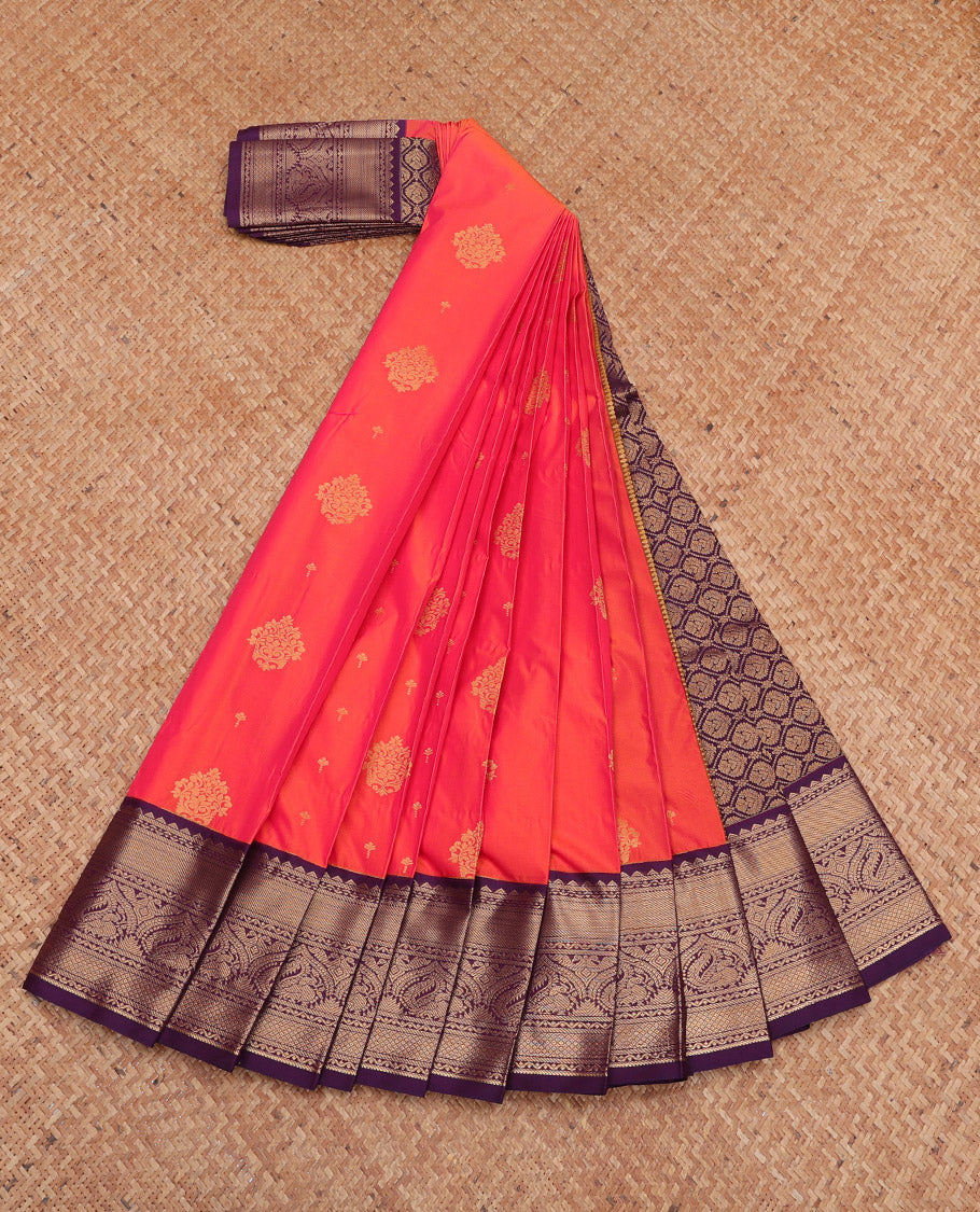 Orange Budget Silk Saree, Graced with Zari Buttas, Complemented by a Contrast Traditional Zari Border, Jaal Pallu, and a Contrast Blouse