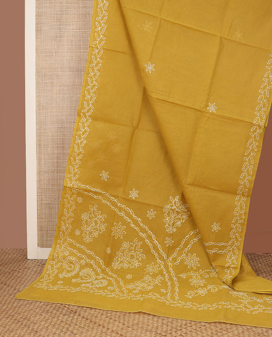 Mustard flower butta thread embroidered Lucknowi chikankari saree, leaf creeper border, & floral embroidered pallu