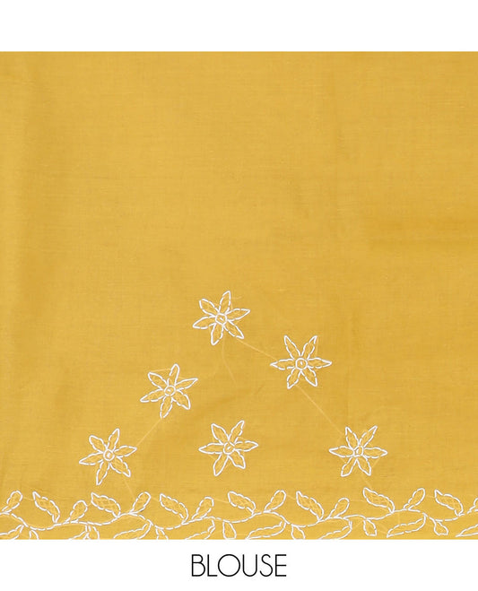 Mustard flower butta thread embroidered Lucknowi chikankari saree, leaf creeper border, & floral embroidered pallu