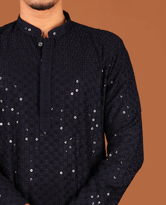 Dark Blue Sequins and Thread Chikankari-Style Embroidered Full-Sleeved Men's Kurta
