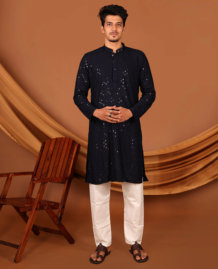Dark Blue Sequins and Thread Chikankari-Style Embroidered Full-Sleeved Men's Kurta