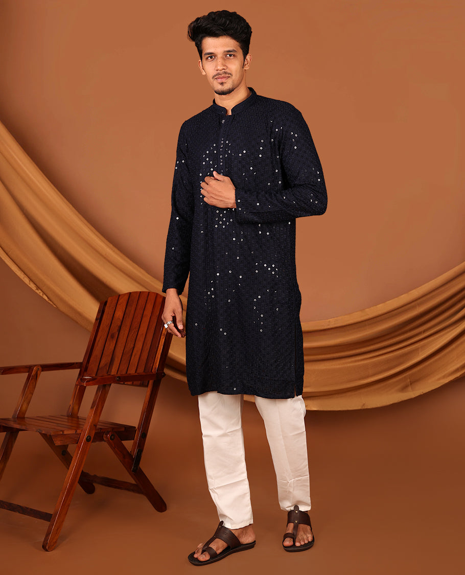 Dark Blue Sequins and Thread Chikankari-Style Embroidered Full-Sleeved Men's Kurta