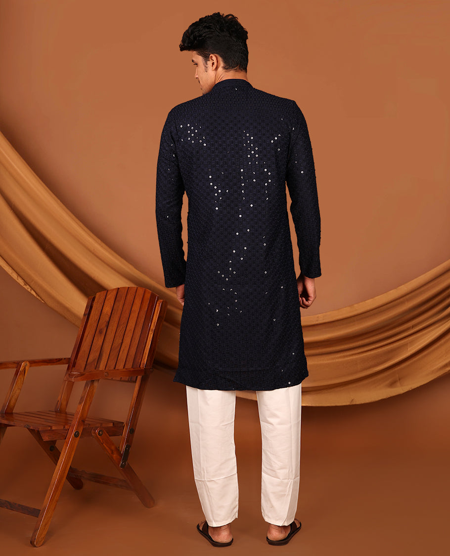 Dark Blue Sequins and Thread Chikankari-Style Embroidered Full-Sleeved Men's Kurta
