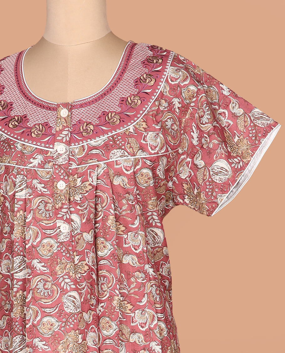 Pink intricately floral print with embroidered round neck half-sleeve cotton nighty