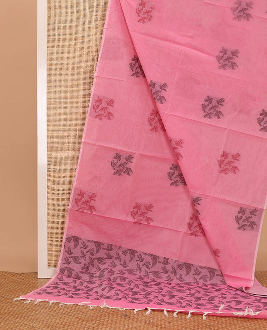 Borderless pink bird buttas Coimbatore cotton saree, pallu steeped with bird motifs