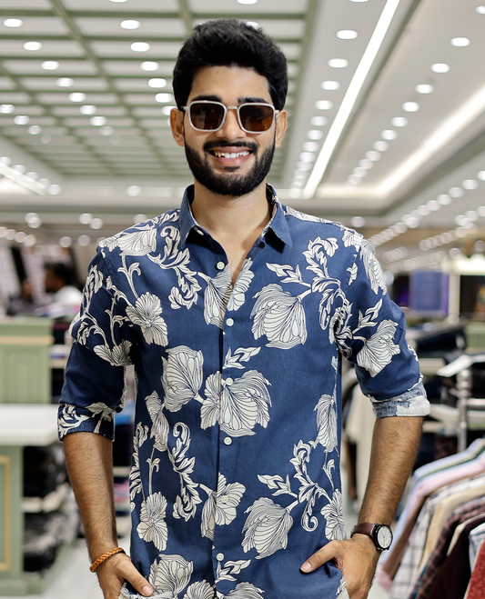 Navy Blue Cotton-Blended Casual Shirt