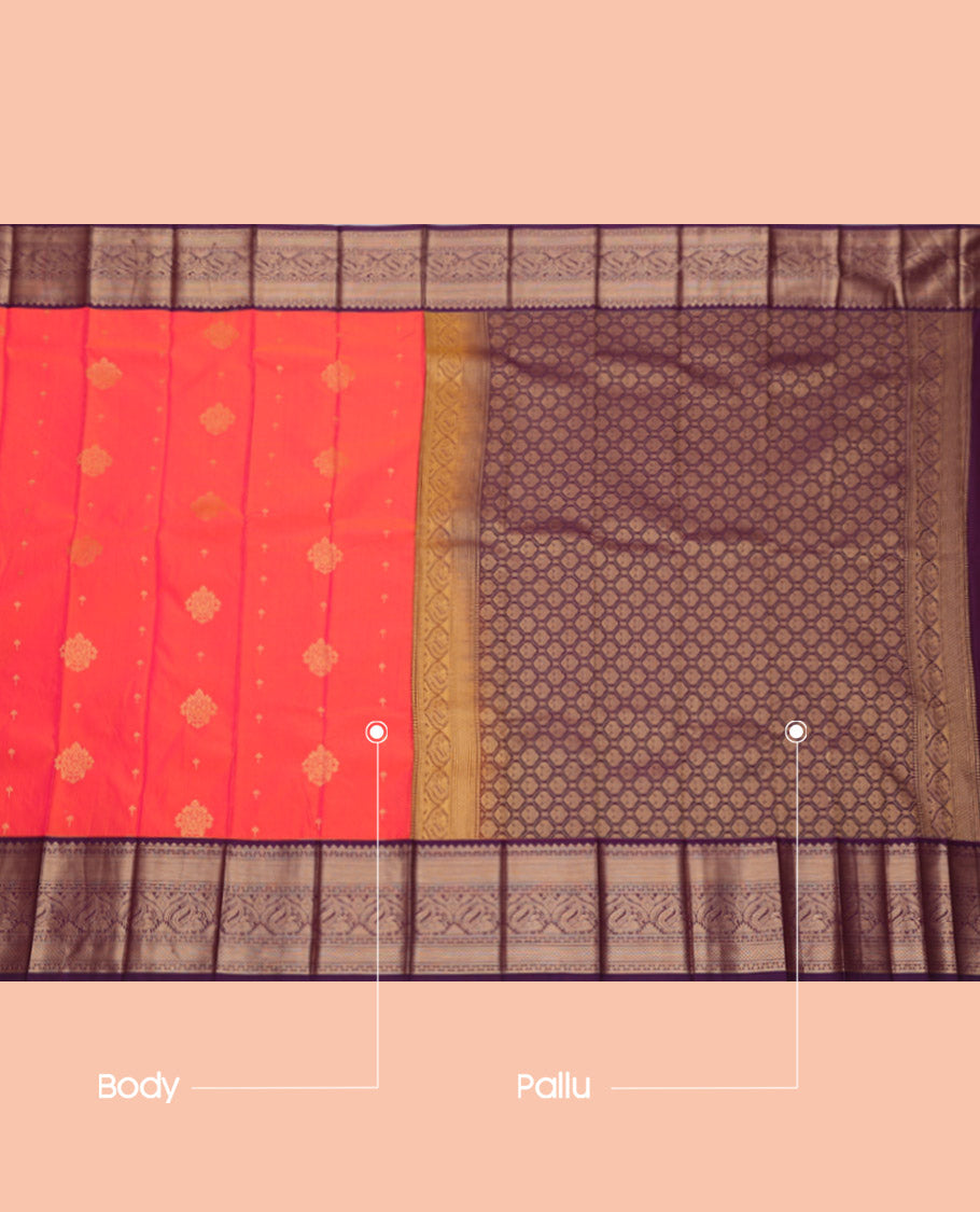 Orange Budget Silk Saree, Graced with Zari Buttas, Complemented by a Contrast Traditional Zari Border, Jaal Pallu, and a Contrast Blouse