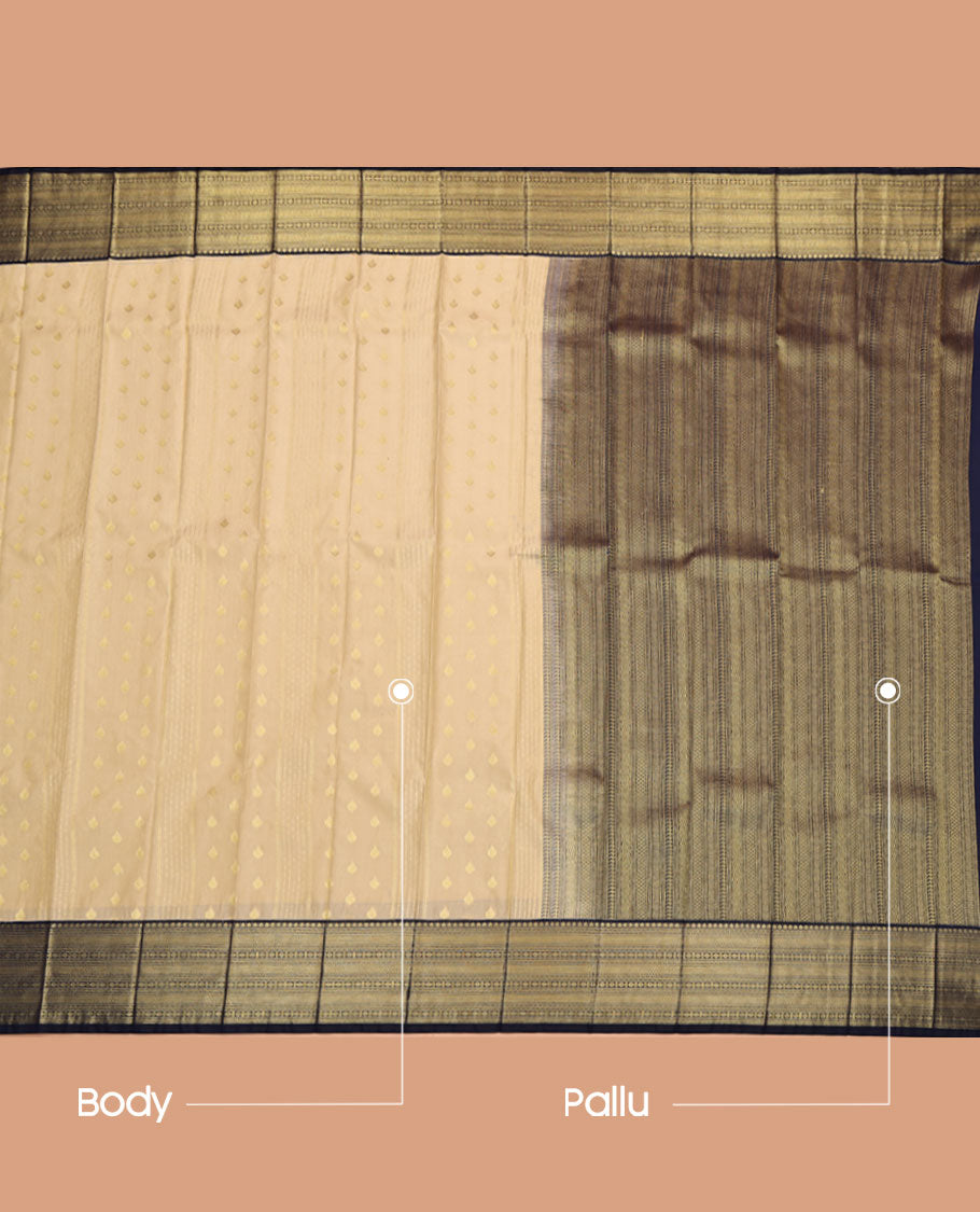 Beige Budget Silk Saree, Sparsely Woven with Zari Buttas All Over Its Body, Complemented by Contrast Traditional Zari Design Border, Geometric-Patterned Pallu, and Paired with a Contrast Blouse