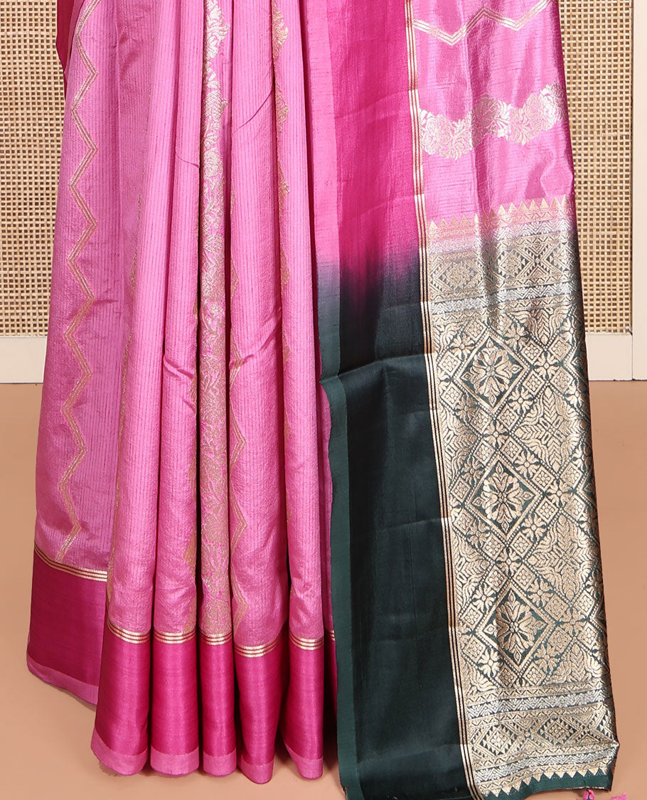 Pink Dupion Silk Saree, Richly Detailed with Floral Creeper and Chevron Stripes, Complemented by Contrast Border, Pallu of Jaal Design, and a Contrast Blouse