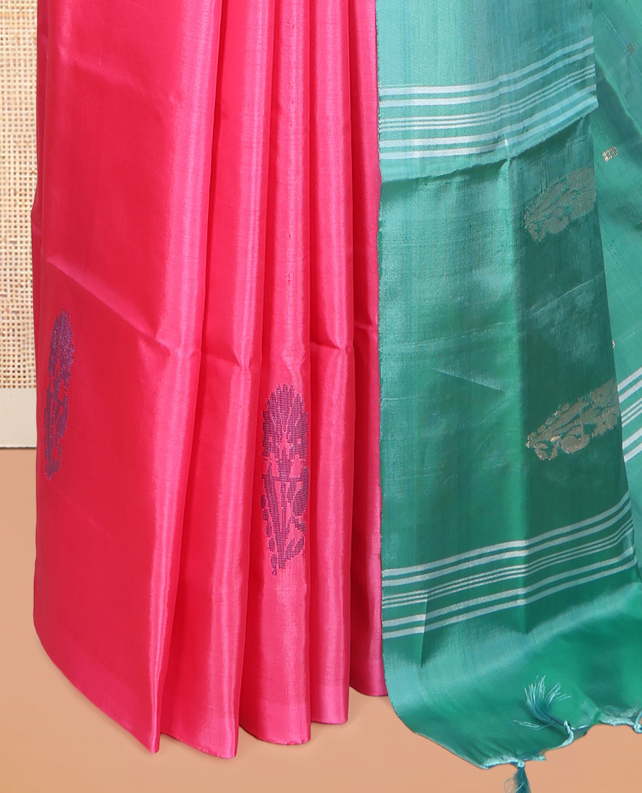 Borderless Pink Banana Pith Saree, Subtly Woven with Thread Buttas, a Contrast Pallu of Buttas and Stripes, and a Contrast Blouse