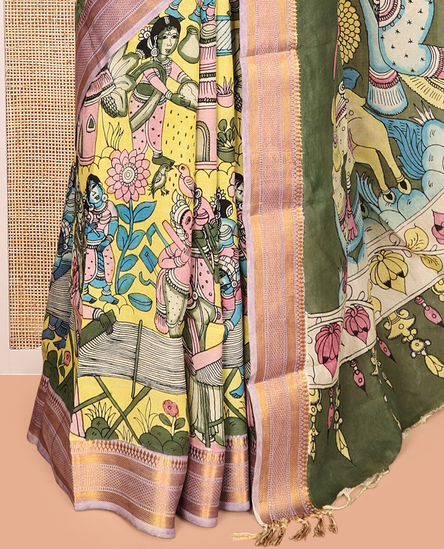 Lemon Yellow Kalamkari Silk Saree, Finely Crafted with Human Figurines, a Contrast Traditional Zari Border, Pallu of Kalamkari Human Motifs, and a Contrast Blouse