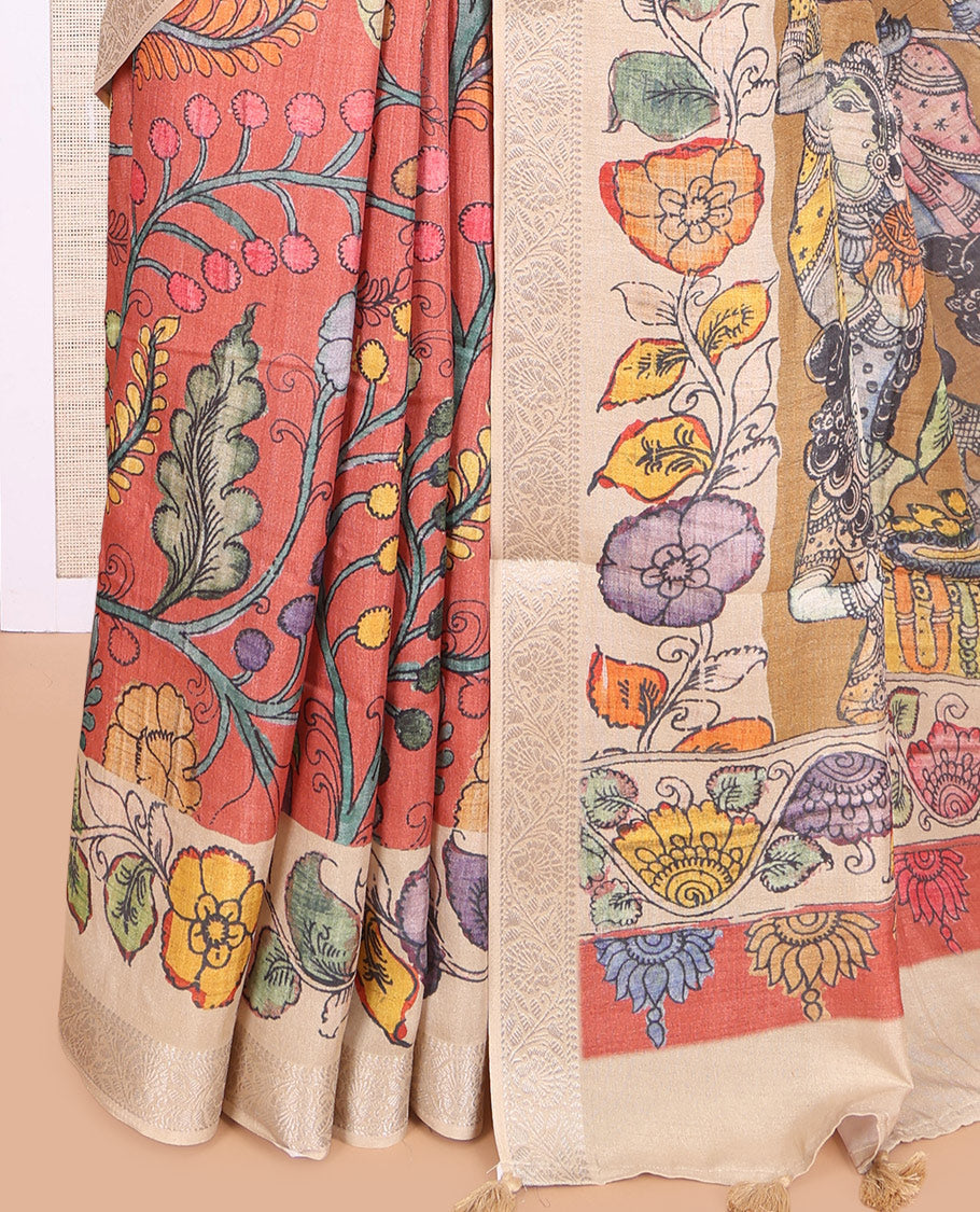 Dark Peach Kalamkari Printed Fancy Tussar Saree
