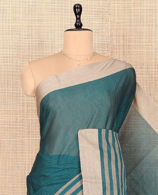Peacock Blue Striped Andhra Cotton Saree, a Contrast Border, Striped Pallu, and a Matching Blouse