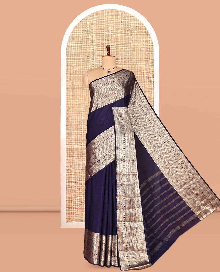 Navy Blue Plain Semi-Mysore Silk Saree
