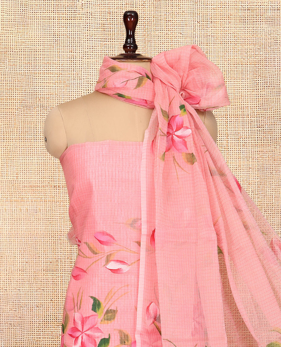 Pink Net Kota Material Churidar, Hand-Brush Painting Floral Top, a Plain Bottom, Floral Dupatta