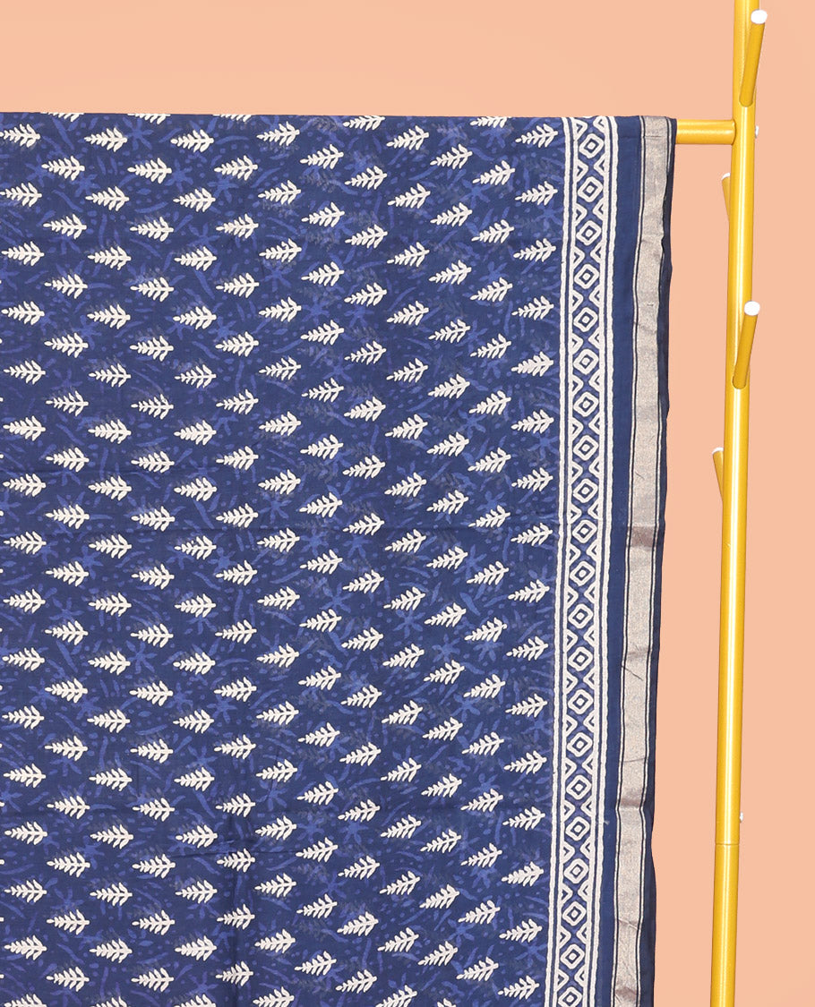 Blue Mul Mul Cotton Saree, Embellished with Tree Buttas, a Piping Border, Printed Pallu, and a Matching Blouse