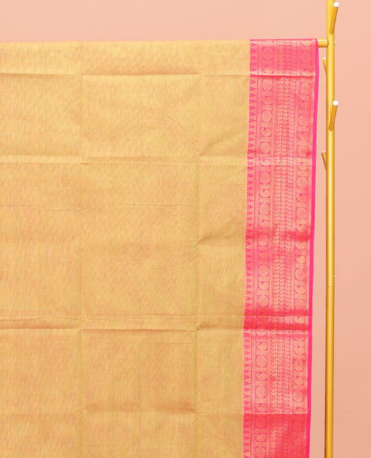 Yellow Plain Chettinad Cotton Saree, Complemented by a Contrast Traditional Zari Design Border, Pallu of Stripes, and Paired with a Matching Blouse