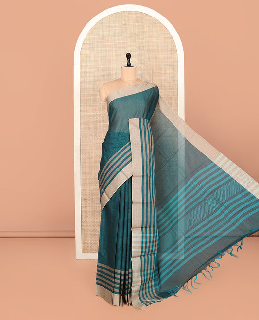 Peacock Blue Striped Andhra Cotton Saree, a Contrast Border, Striped Pallu, and a Matching Blouse
