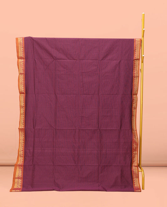 Wine Striped Poly Cotton Saree
