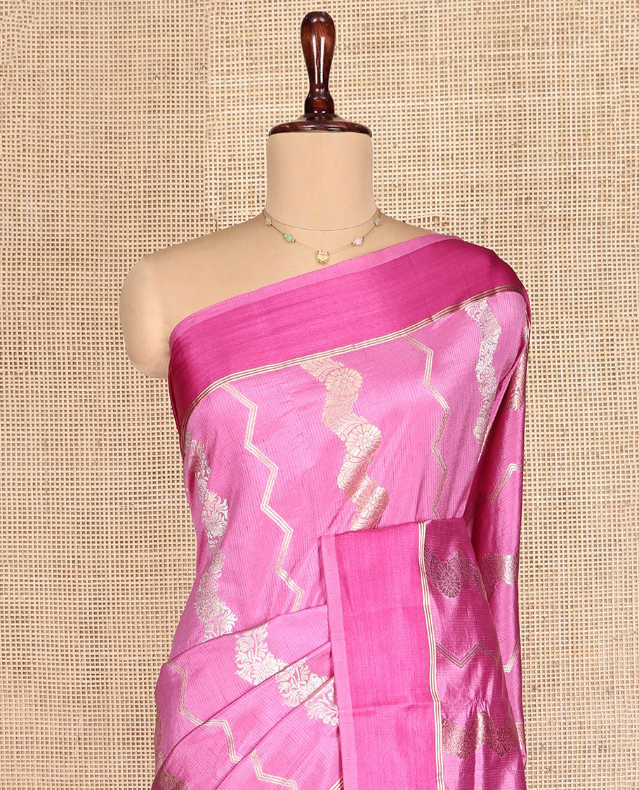 Pink Dupion Silk Saree, Richly Detailed with Floral Creeper and Chevron Stripes, Complemented by Contrast Border, Pallu of Jaal Design, and a Contrast Blouse