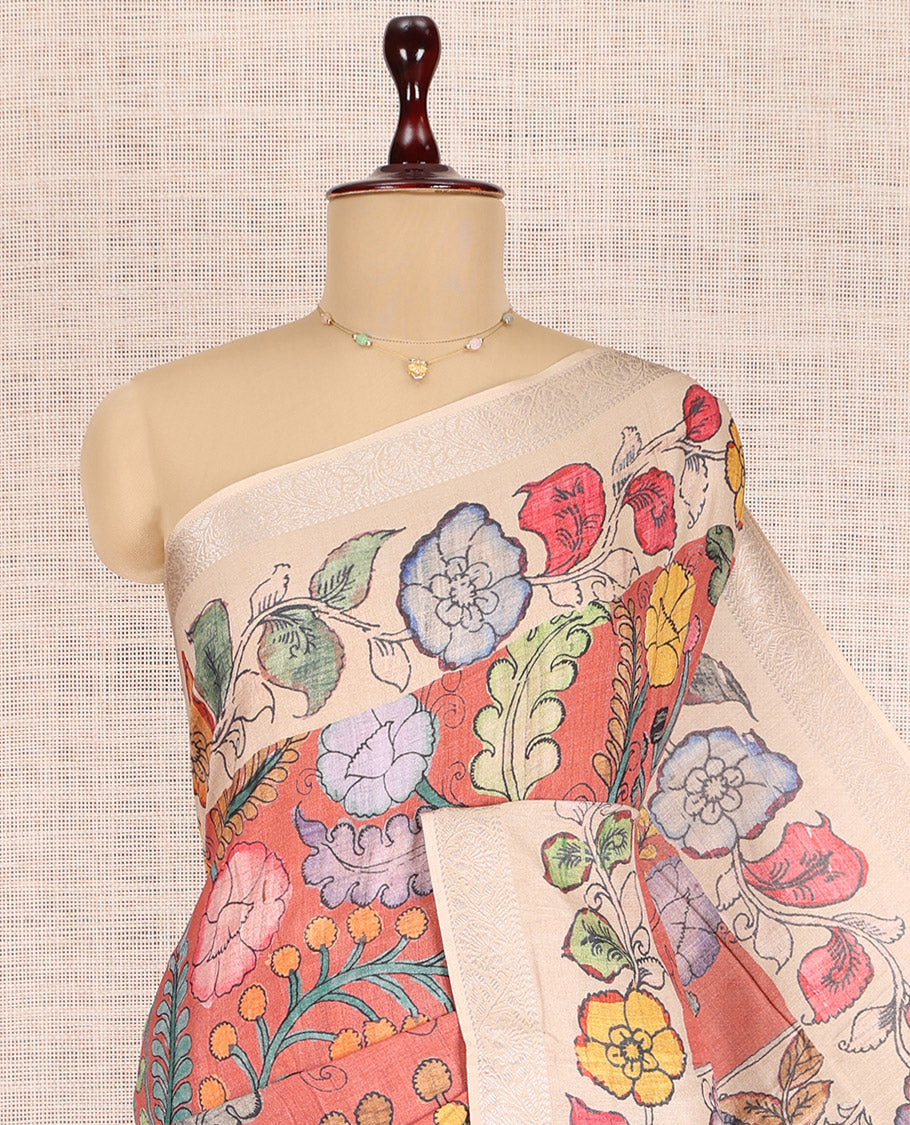Dark Peach Kalamkari Printed Fancy Tussar Saree