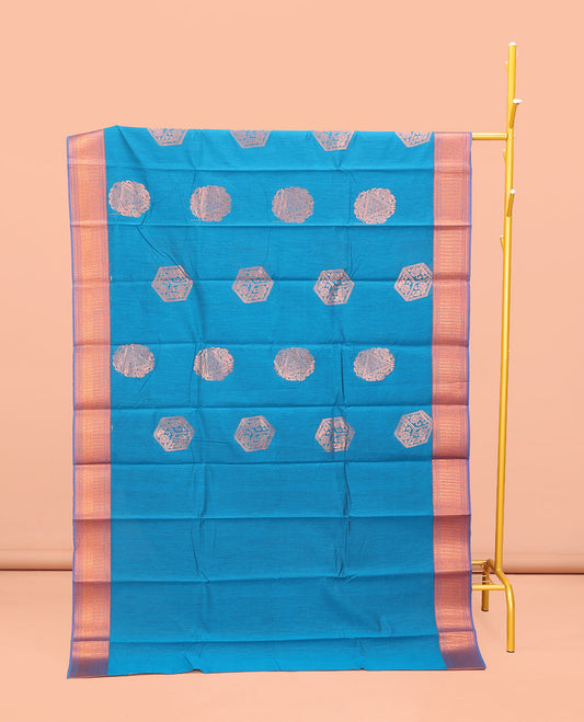 Blue Semi-Silk Cotton Saree, Decorated with Zari Buttas All Over Its Body, Highlighted by a Traditional Zari Border, Complemented by a Contrast Pallu of Geometric Designs, and Paired with a Contrast Blouse