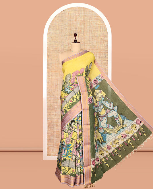 Lemon Yellow Kalamkari Silk Saree, Finely Crafted with Human Figurines, a Contrast Traditional Zari Border, Pallu of Kalamkari Human Motifs, and a Contrast Blouse
