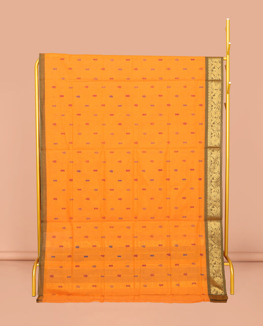 Orange Venkatagiri Cotton Saree Features Thread Buttas, a Contrast Floral Creeper Zari Border, Pallu of Buttas and Stripes, and No Blouse