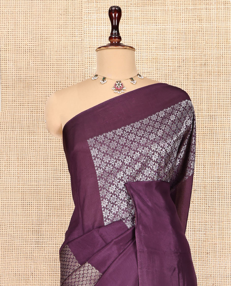 Borderless Purple Chanderi Cotton Saree, Steeped in the Richness of Zari Big Square Buttas All Over Its Body, Highlighted by Geometric Patterned Pallu and Paired with a Matching Brocade Blouse