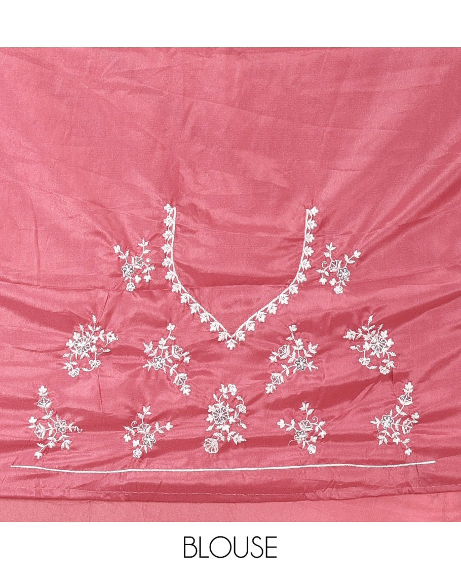 Onion Pink Plain Satin Crepe Saree, Accentuated with Floral Vine Thread Embroidery on Its Border, a Self-Pallu, and Paired with a Matching Blouse