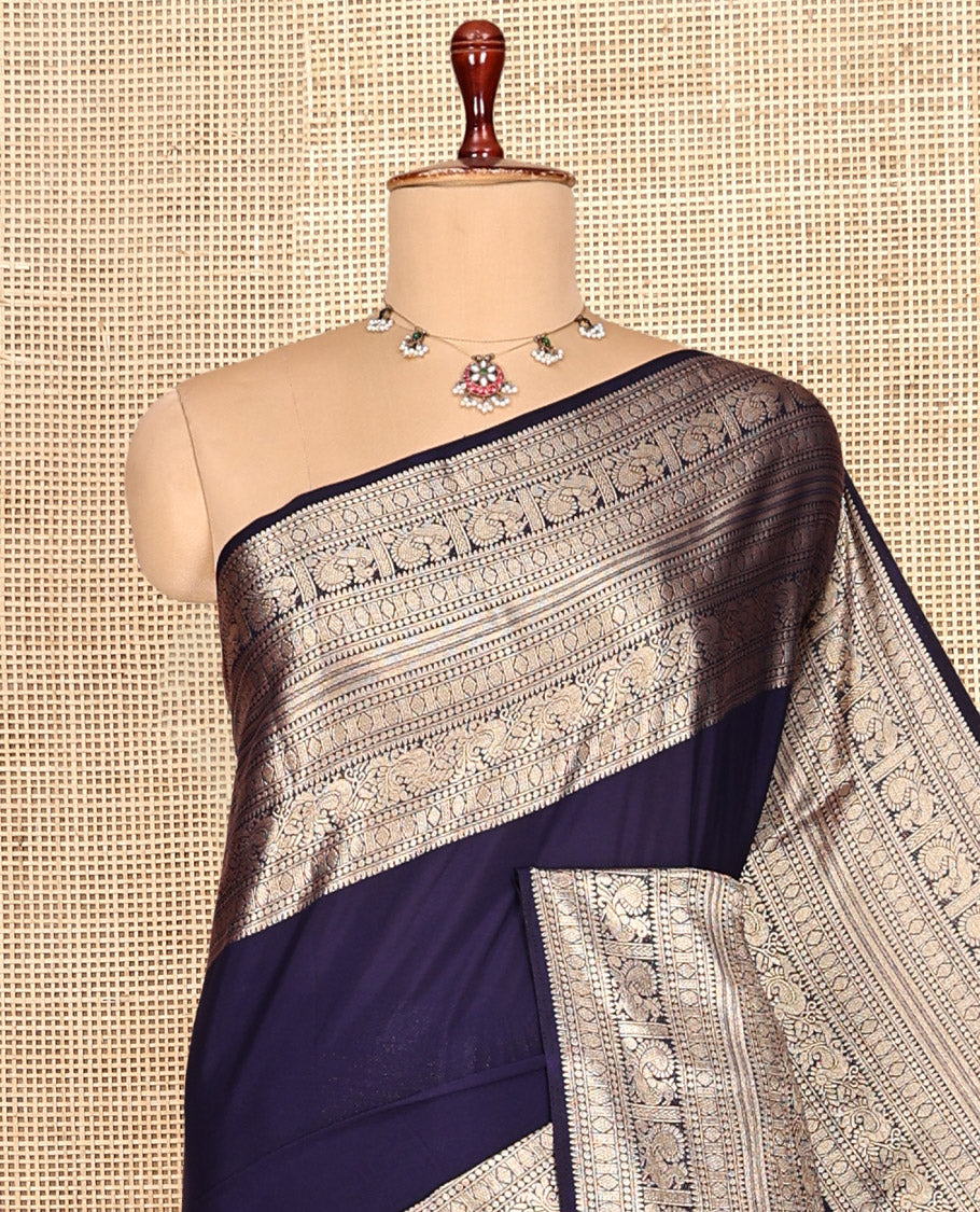 Navy Blue Plain Semi-Mysore Silk Saree